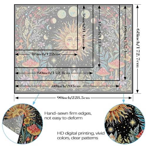 Boho Sun and Moon Wall Tapestry - Vintage Celestial Mushroom Wall Hanging