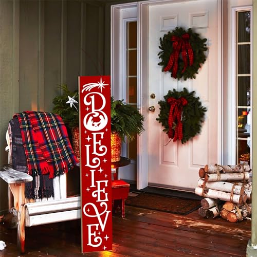JYKCUL Believe Nativity Porch Sign - 47.2" Vertical Christmas Welcome - Red