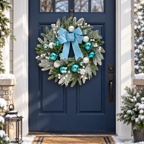 22-Inch Lighted Christmas Wreath with Timer, Blue Bow & Ornaments