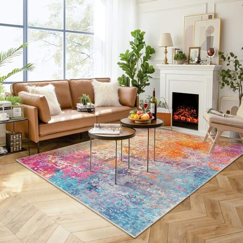 Modern Abstract Area Rug 5x7 Washable Non-Slip Soft Faux Wool Living Room Carpet