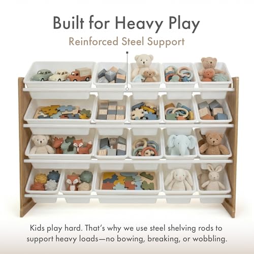 4-Tier Kids Toy Organizer with 20 Removable Bins - Sturdy Wood Storage Shelf