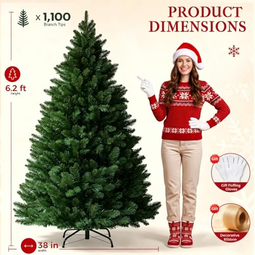 COMHOMA 6 ft Unlit artificial Christmas Tree with PE & PVC Tips – Green with Champagne Gold Ribbon