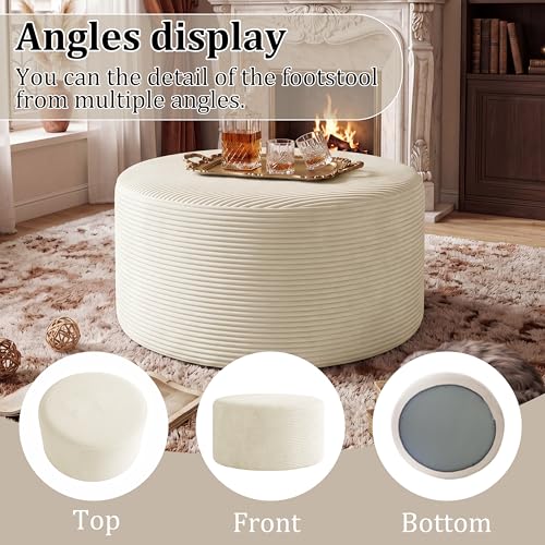 Round Corduroy Ottoman Footstool - 27.5-Inch Modern Padded Side Table