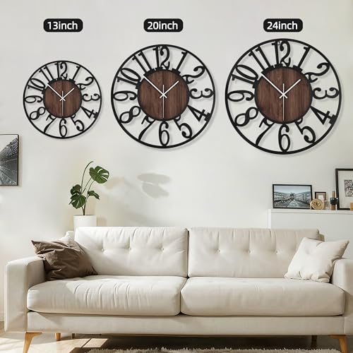13-Inch Silent Round Wall Clock, Modern Black Metal and Wood Farmhouse Decor