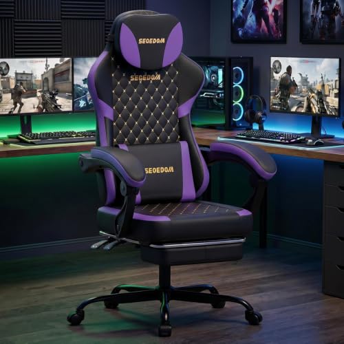 Ergonomic Gaming Chair with Massage Lumbar Pillow, Footrest & Adjustable Back