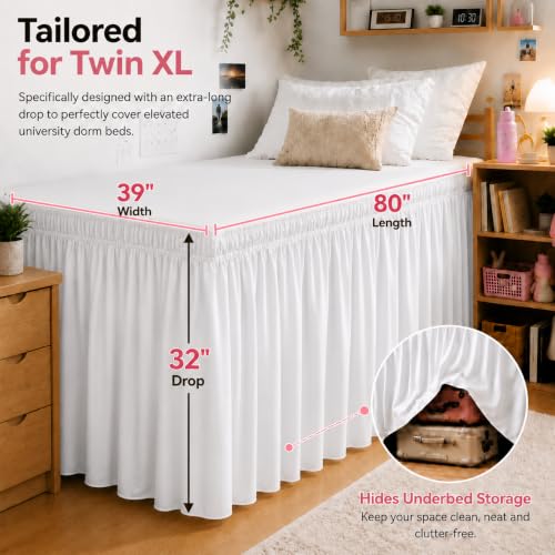 White Twin XL Bed Skirt 32 Inch Drop - Elastic Wrap Dust Ruffle for Dorms