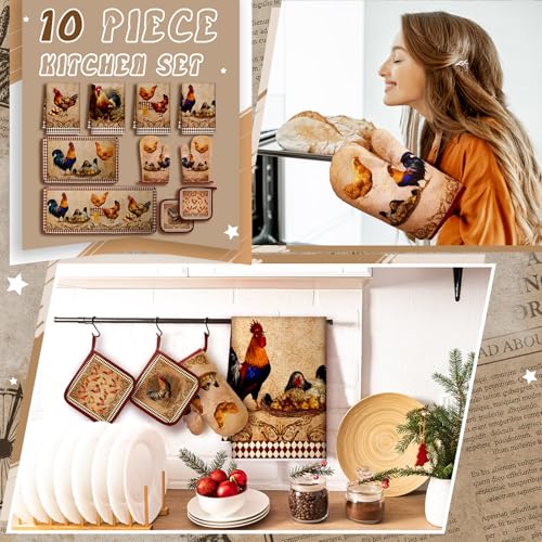 10-Piece Rustic Rooster Kitchen Decor Set: Towels, Rugs, Mitts & Holders
