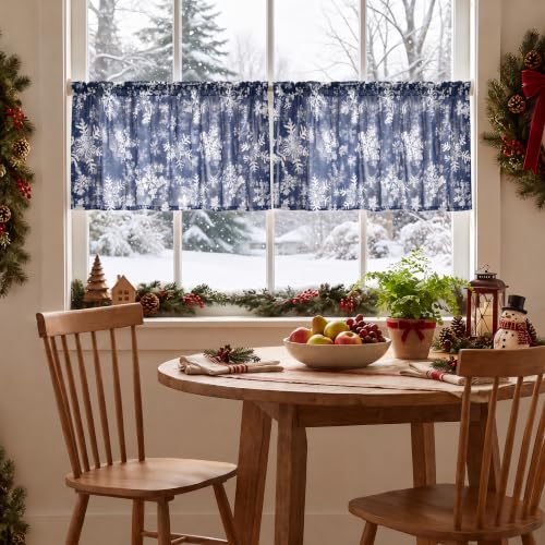 Horaldaily 2 Pack Christmas Sheer Window Valances 52x14in Snow Blue Foil