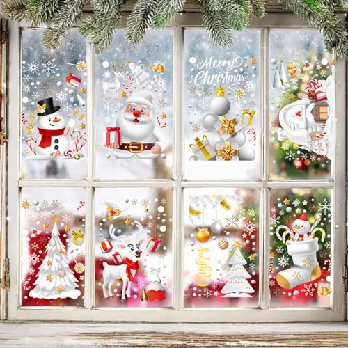Christmas Window Clings Set - 8 Sheets Double-Sided Holiday Decorations with Santa, Snowman, Moose & Snowflake for Glass Doors & Windows