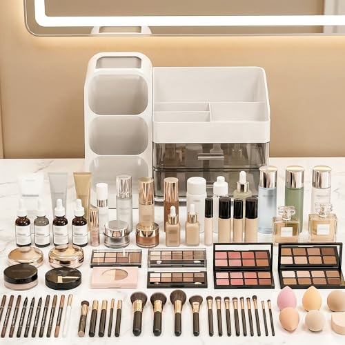 White Large Capacity Makeup Organizer with Brush Holder for Vanity & Bathroom