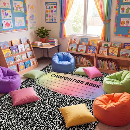 Large Composition Notebook Rug 13x7.5 ft, Washable Non-Slip Classroom Carpet