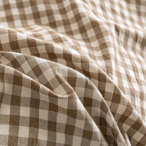 Tan Gingham Duvet Cover Set Queen - 100% Washed Cotton Brown Plaid
