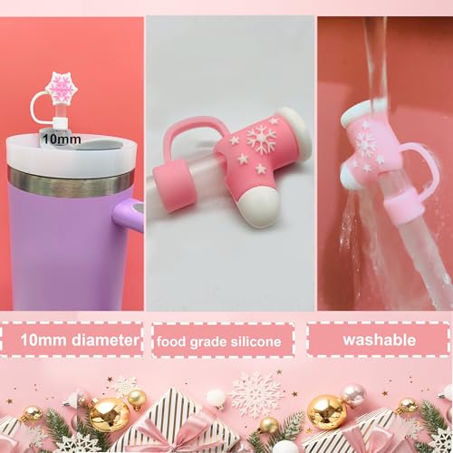 Coio 8Pcs Pink Christmas Straw Toppers for Stanley 30/40 oz Cups - 10mm Silicone Santa 3D Cap Lids (Variation: color 2)