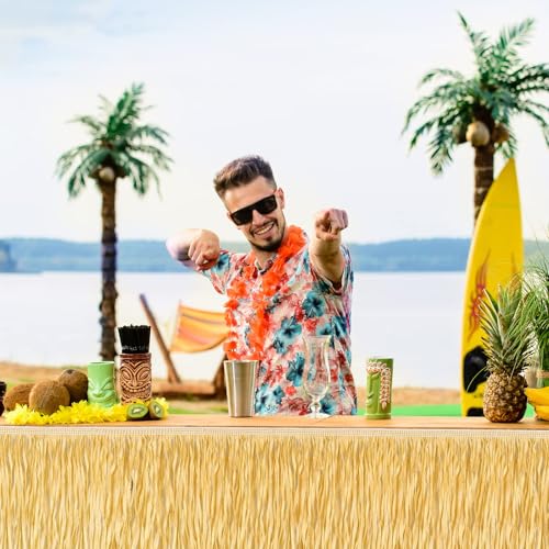 2-Pack Hawaiian Luau Grass Table Skirts, 108 x 30 Inch Tropical Fringe Decor