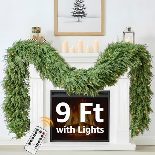 9Ft Cedar Christmas Garland with Lights for Mantle – Prelit Indoor/Outdoor Spruce Green Faux Pine, NUTIKAS