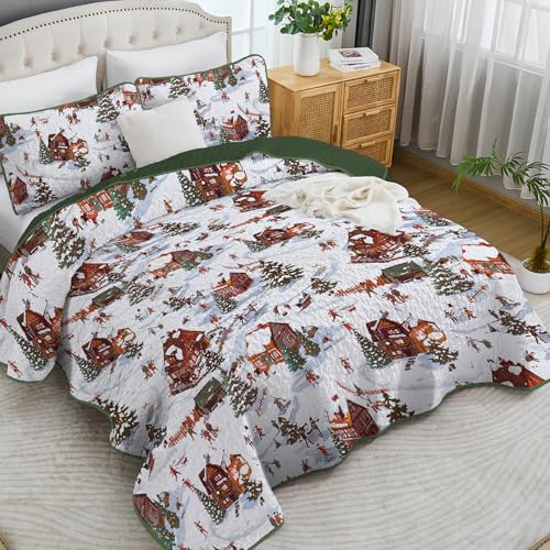 Yiran Red Cottage Christmas Quilt Set Queen Size with Deer Snowman Village, 104x90 inches