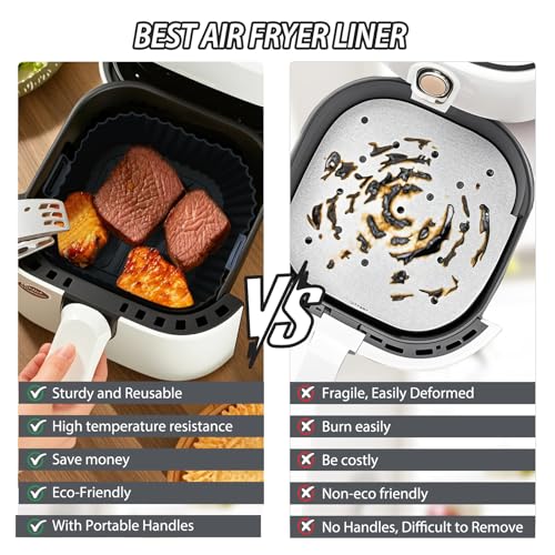 Reusable Silicone Air Fryer Liners, 3-Piece Square Basket Set for 4-7 QT
