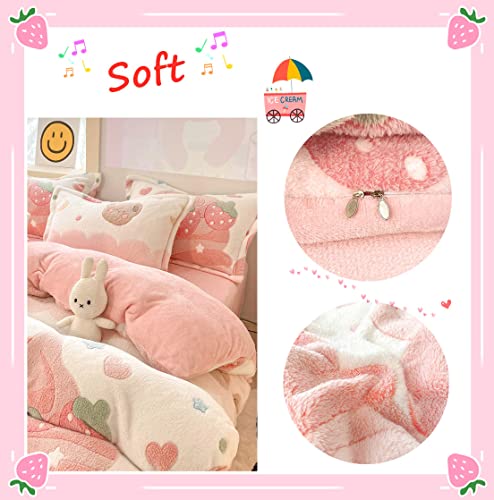 Queen Size Strawberry Duvet Cover Set, 3-Piece Fluffy Faux Fur Bedding