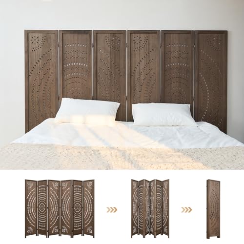 6-Panel Folding Room Divider, Freestanding Wood Carved Privacy Screen