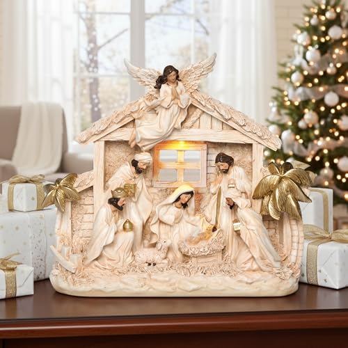 12.5-Inch Lighted Nativity Set - Resin Manger Scene for Christmas Decor