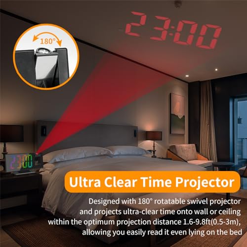 Digital Projection Alarm Clock with 180° Rotating Ceiling Display