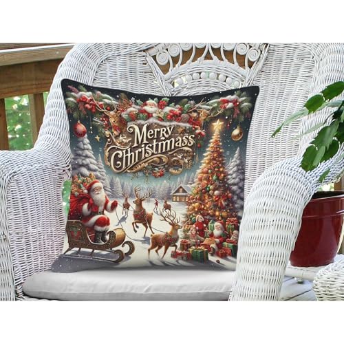 2 Pack 16x16 Inch Merry Christmas Santa Reindeer Snowflake Pillow Covers - Home Decor Cushion Cases for Sofa Bed Living Room