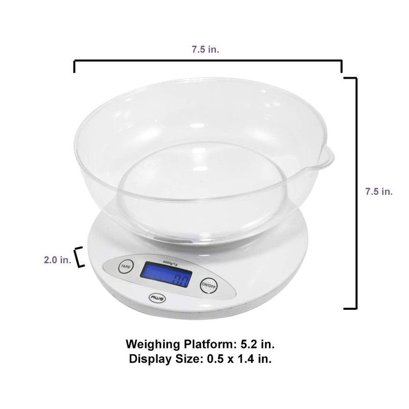 American Weigh Scales Digital Kitchen Bowl Scale, Backlit LCD Display, Auto Off Function, Removable Bowl Design White5KBOWL-WT