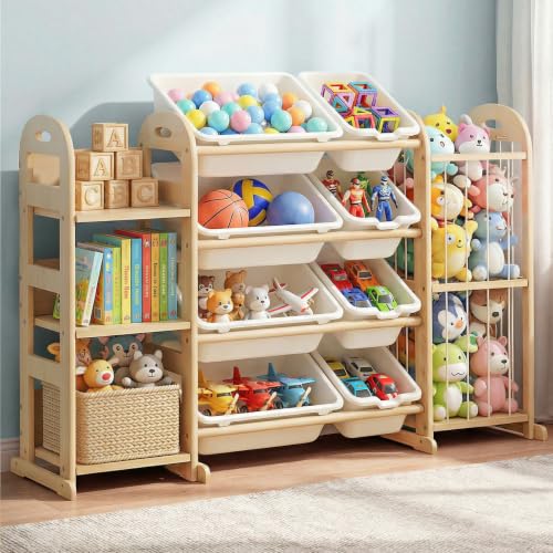 Solid Pine Toy Storage Organizer with 8 Bins and 3 Shelves