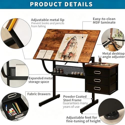 Adjustable Drafting Table with Stool and 3 Drawers, Rustic Brown Art Desk