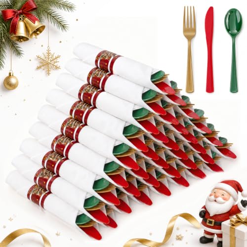 Christmas Silverware and Napkin Set - 100 Pack Wrapped Plastic Cutlery with Napkins