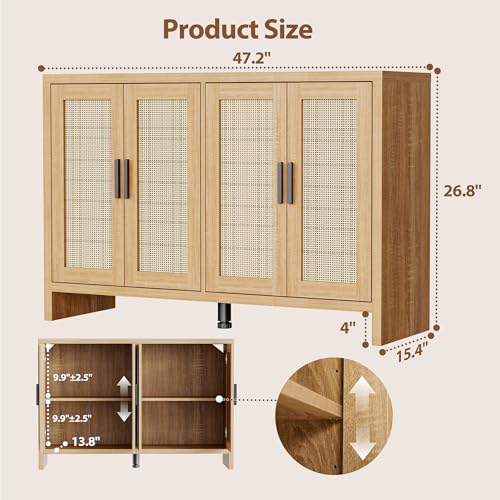 Rattan Buffet Cabinet with 4 Doors, Farmhouse Sideboard Storage Credenza
