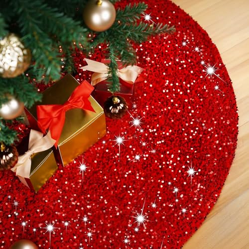Red Sequin Christmas Tree Skirt 48 Inch - Sparkle Holiday Base Decor