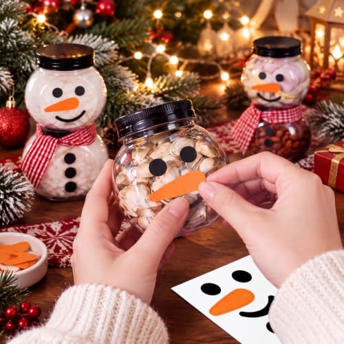 Jingmore 100 Pcs Christmas Snowman Candy Jars with Lids and 10m Red White Gingham Ribbon - Red/White