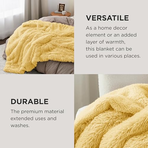 Bedsure Faux Fur Fluffy Sherpa Fleece Bed Blanket Light Yellow 108x90 King - Cozy & Reversible