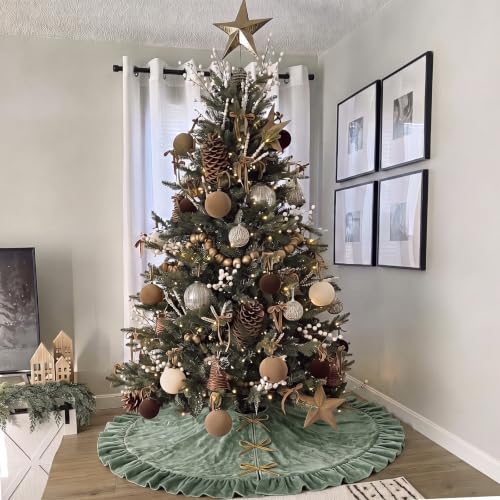 60-Inch Sage Green Velvet Christmas Tree Skirt with Bows & Ruffled Edge