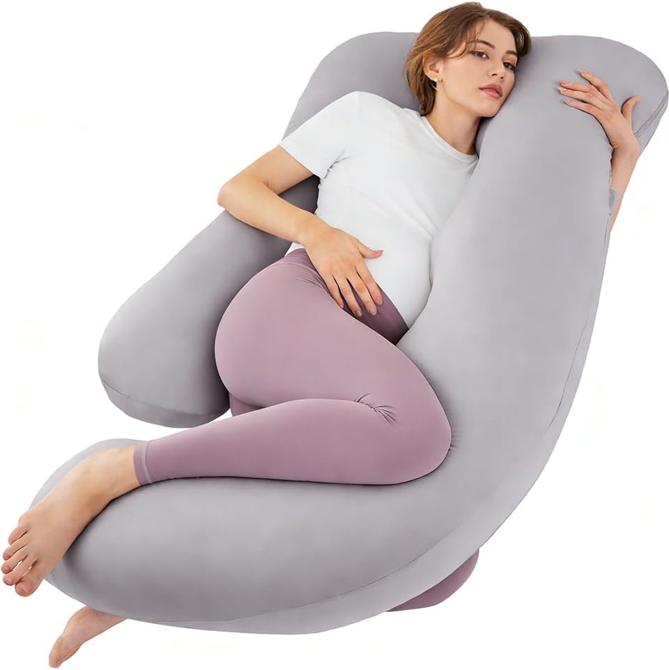 ZZZhen G-Shaped Pregnancy Pillow - 56 Inch Grey Maternity Pillow with Removable Cover for Ultimate Support