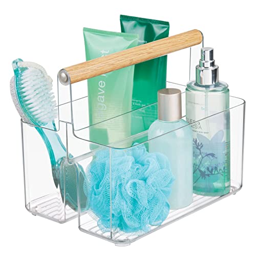 mDesign Plastic Portable Shower Caddy Divided Basket Bin Storage Organizer with Bamboo Handle for Bathroom, Dorm, Shelf & Cabinet Holds Shampoo, Conditioner - Aura Collection, Clear/Natural