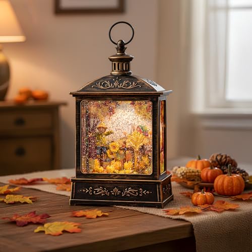 Fall Snow Globe Lantern - Lighted Water Lantern with Swirling Glitter & Timer
