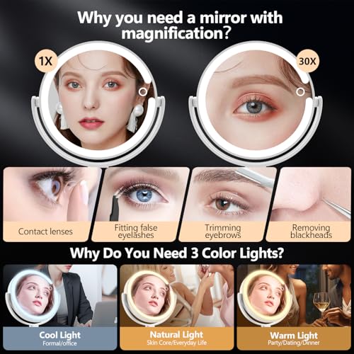MIYADIVA White Makeup Mirror with Lights, 30X Magnification, Touch Control, Rechargeable Vanity with 3 Color Modes & 80 LEDs