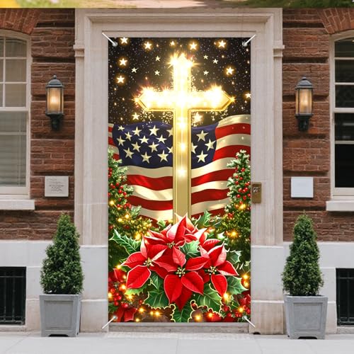 IVN Patriotic Cross Door Cover Christmas Flag with Poinsettias and Gold Cross - 35x71 Inch