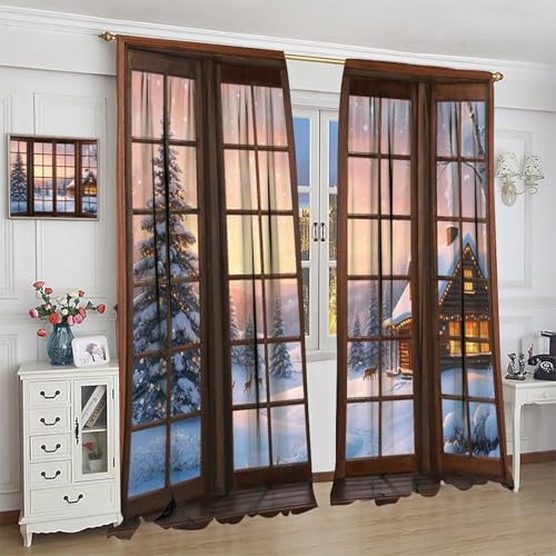 JanJCurt 2 Pack Snowy Christmas Landscape Curtains - 21"W x 45"L, Rustic Winter Forest Xmas Tree & Deer Print Blackout Window Treatments for Bedroom & Living Room