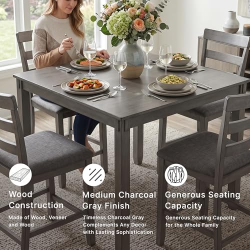 5-Piece Square Counter Height Dining Set for 4, Charcoal Gray