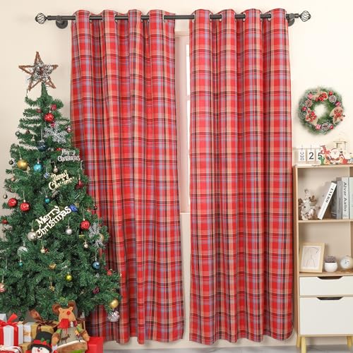 Red Check Plaid Farmhouse Curtains 2 Panels 52x84 Inches Scottish Tartan Light Filtering Drapes