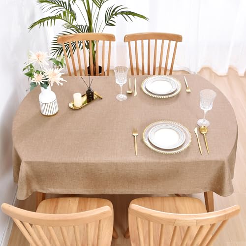 Wolkemer Faux Linen Oval Tablecloth 60 x 84 Heavy Duty, Wrinkle Resistant fabric, Farmhouse Rustic - Flaxen