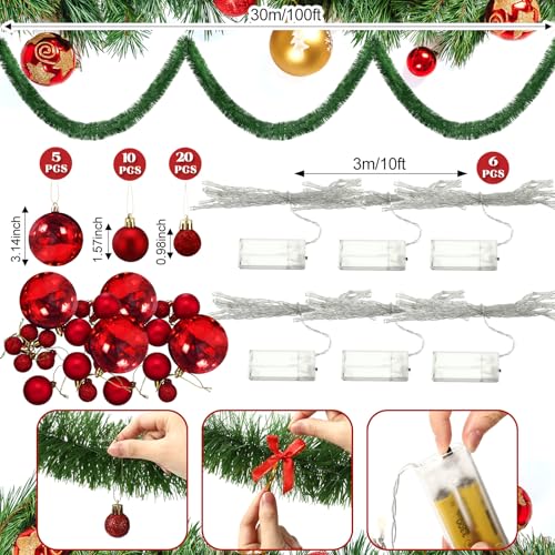 100 ft Christmas Garland with Lights and Red Bows for Fence Decor