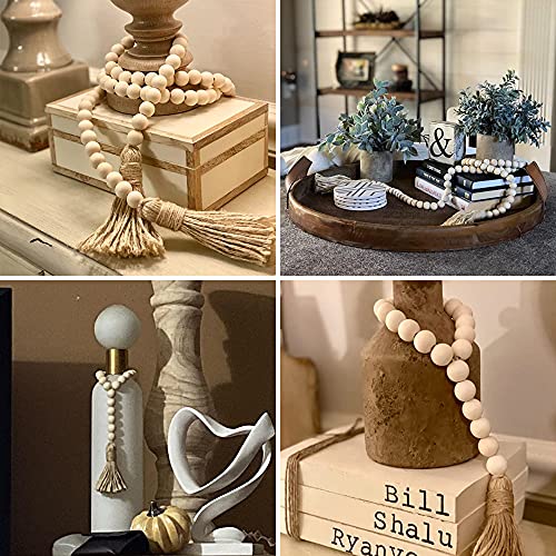 58-Inch Farmhouse Wood Bead Garland with Jute Tassels, Rustic Home Decor