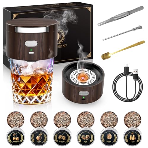 Aromara Brown Electric Whiskey Smoker Kit with 6 Flavor Wood Chips – Old Fashioned Whiskey Gift Set, Home Bar Accessories