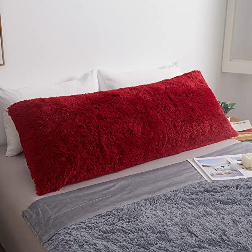 Luxury Fluffy Faux Fur Body Pillow Cover 20x54 - Red Plush Case