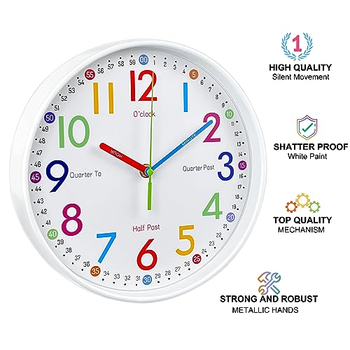 10-Inch Silent Wall Clock for Kids Learning to Tell Time - Colorful Analog