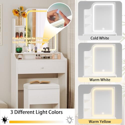 Compact Vanity Desk with Lighted Mirror, Charging Station and Stool